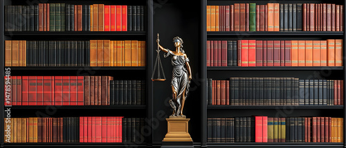 Classic Bookshelf Filled With Vintage Leather Bound Books And A Justice Statue