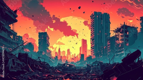 An illustration depicting the stark realities of a dystopian world, characterized by fallout and ruins.