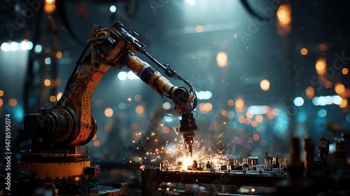 A robotic arm welding metal with sparks flying in a dark industrial environment setting