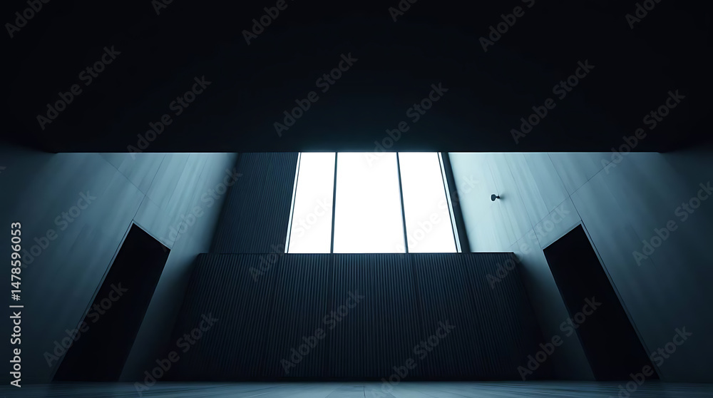 Obraz premium Minimalist architectural interior with bright window and geometric lines in blue tones