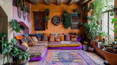 Wallpaper Mural Bohemian Chic Living Room Decor: A Vibrant Oasis of Plants and Textiles Torontodigital.ca