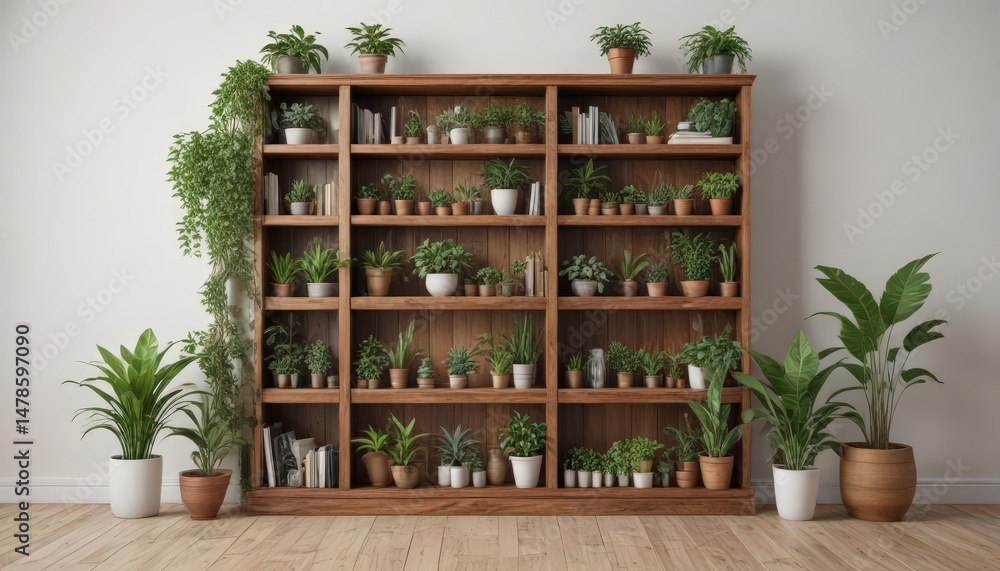 Wooden bookcase filled with various potted plants against white wall, rustic, studio Wooden bookcase filled with various potted plants against white wall, rustic, studio