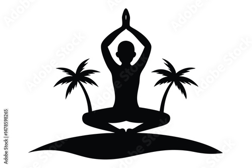 Black Silhouette Beach Yoga Bali Asana Sunset Pose Illustration