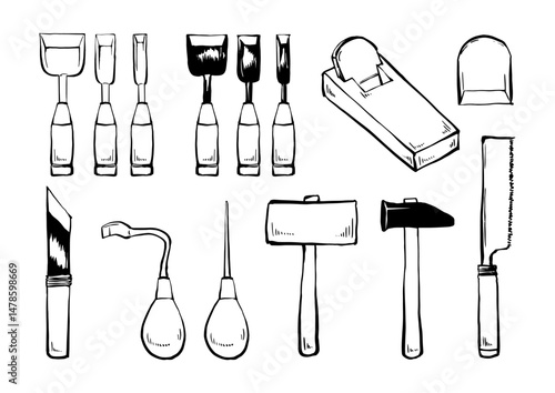 木工道具　線画 イラスト セット　ベクター