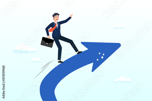 Confidence businessman ride upward rising success arrow upward direction, increase business success, financial achievement, challenge or work performance, upward or rising expertise employee concept