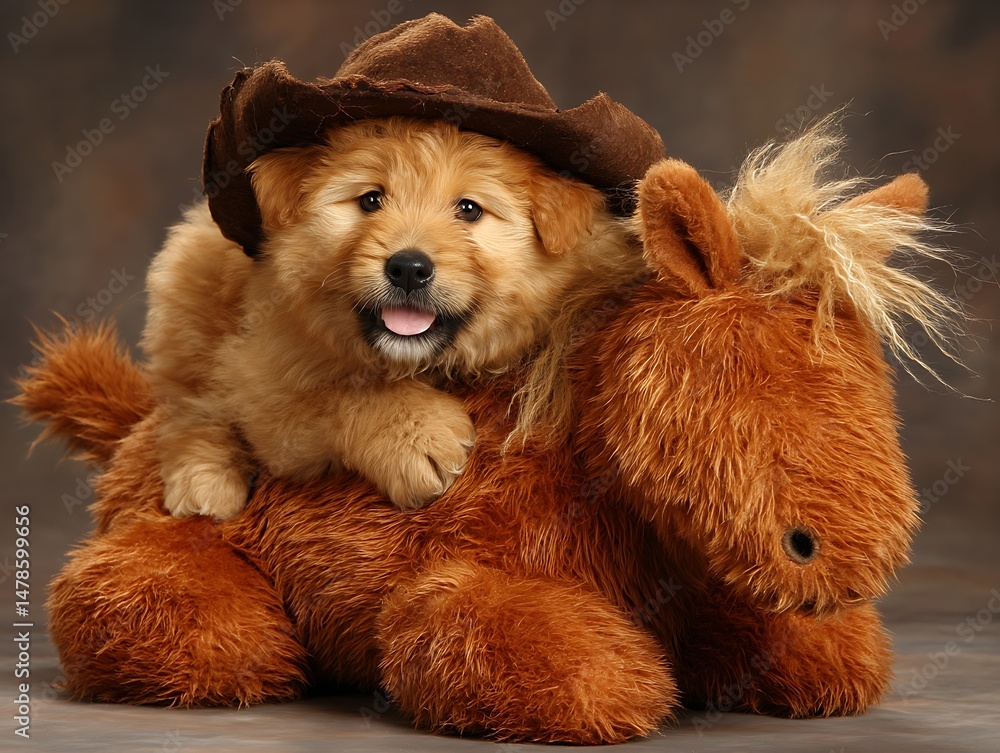 Fototapeta premium Puppy Cowboy on Stuffed Horse