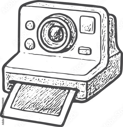 A black-and-white drawing of an instant camera with a photo emerging, capturing nostalgic vibes of instant photography, ideal for vintage and retro photography enthusiasts