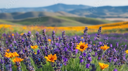 Beautiful summer lavender blossom wildflowers farm fields in California, purple flowers, close up view,