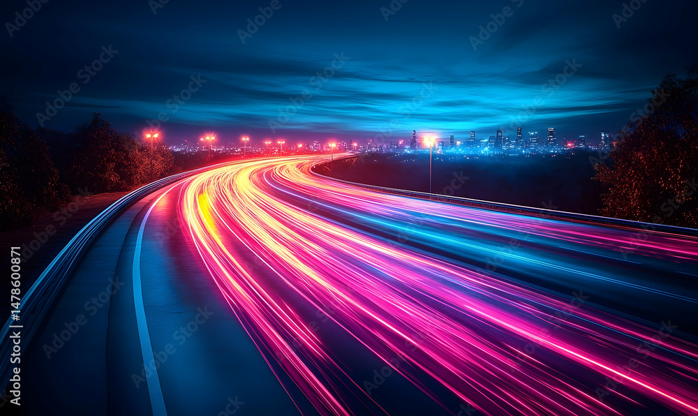 Night cityscape with vibrant light trails of speeding vehicles on a highway curve, showcasing a dynamic urban scene Night cityscape with vibrant light trails of speeding vehicles on a highway curve, showcasing a dynamic urban scene