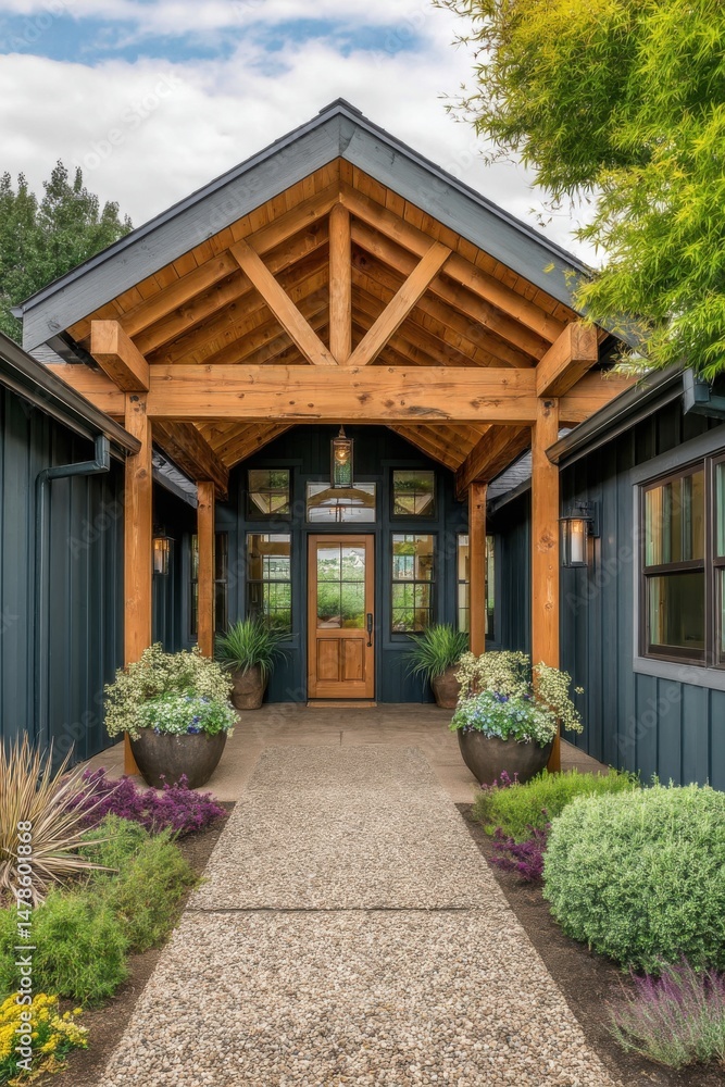 Obraz premium Inviting Home Entrance with Wood Accents and Lush Landscaping Front View Exterior Shot