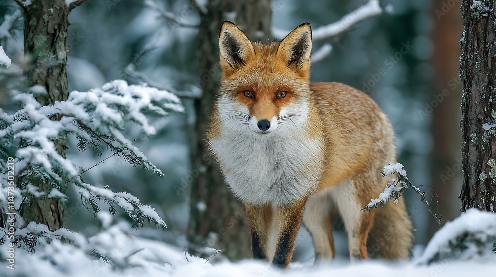 Fototapeta premium Fox stands alert in a snow-covered forest