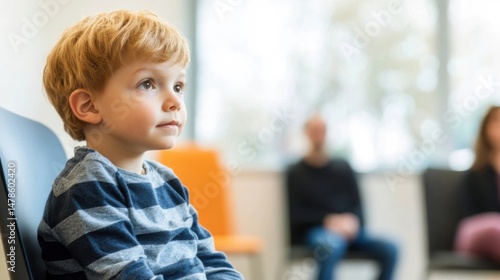 Autistic child in counseling session with attentive expression, peaceful therapy room atmosphere.