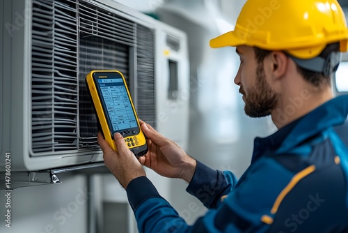 Female technician working with diagnostic tool on HVAC system, maintenance and repair, professional engineer, industrial equipment, technical job, safety gear, electrical testing