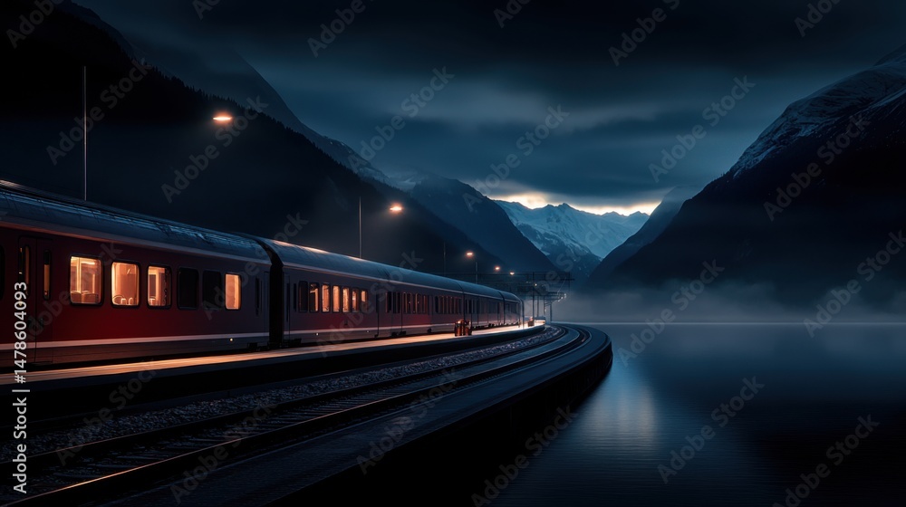Naklejka premium Train Station at Dusk with Mountains and Calm Waters in Background