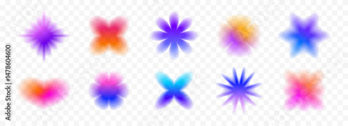 Colorful blurred gradient heart and stars collection. Bright blur aura shapes set. Fading abstract elements for poster, template, badge, sticker, collage. Vector iridescent smooth form flower pack