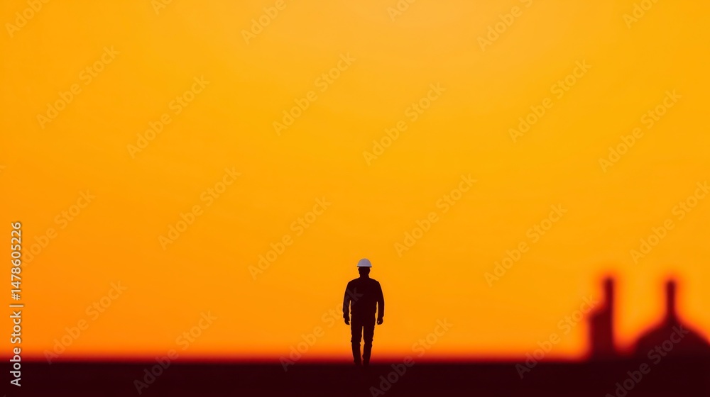 Fototapeta premium Silhouette of Worker at Sunset Oil Refinery Background Industrial Landscape