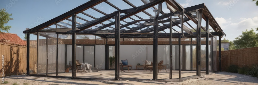 Fototapeta premium Modern home extension framing, new roof structure, rafters, home building