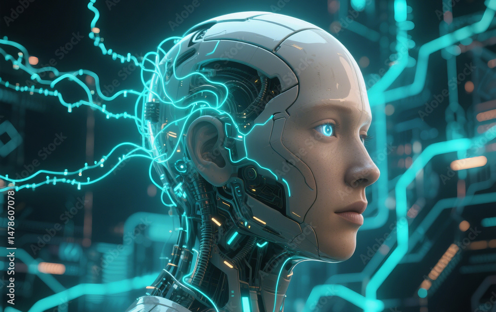 Obraz premium A futuristic digital artwork of a humanoid AI head partially covered 