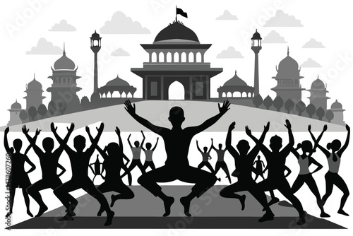 Black Silhouette Mass Rajpath Yoga Style Vector Illustration