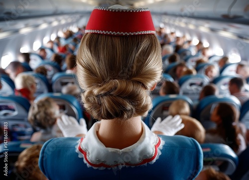 Flight Attendant in Blue Uniform Overseeing Packed Airplane Cabin