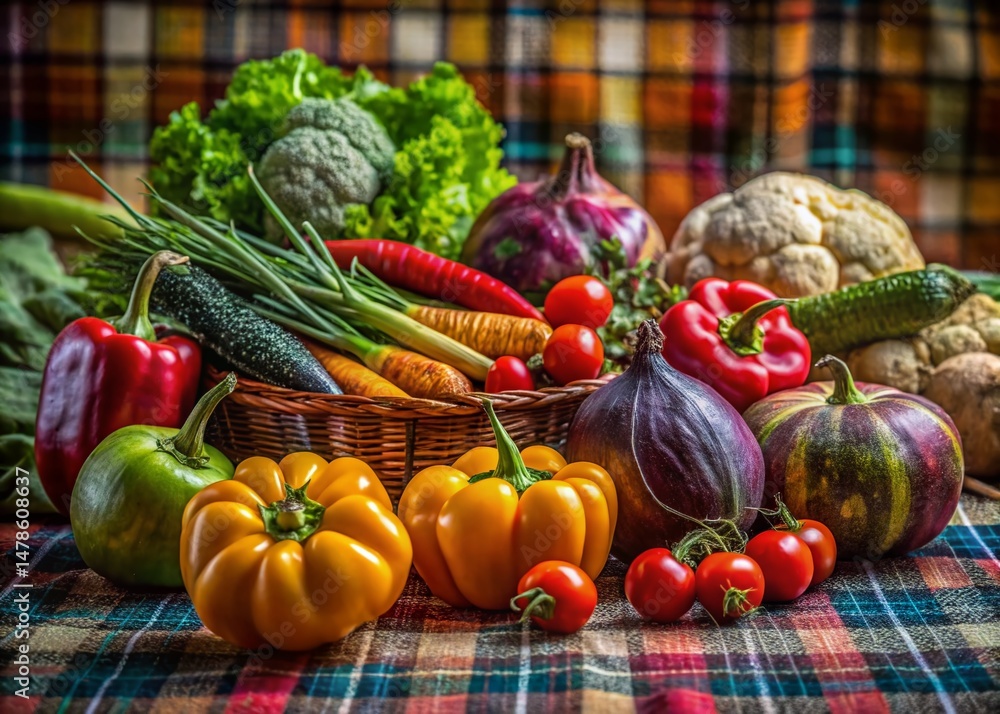 Muted Tartan Still Life: Vibrant Vegetable Portrait Muted Tartan Still Life: Vibrant Vegetable Portrait