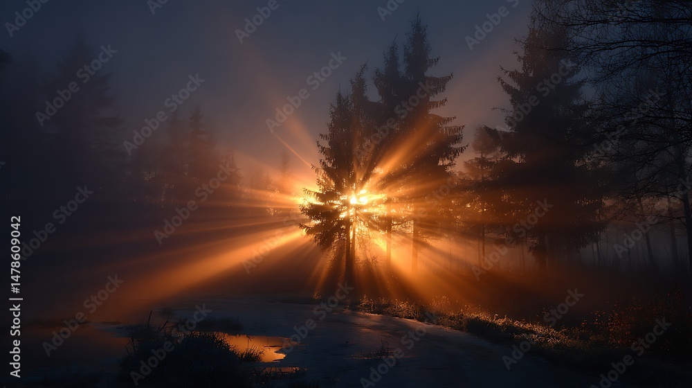 Fototapeta premium Golden light beams through trees in hazy forest