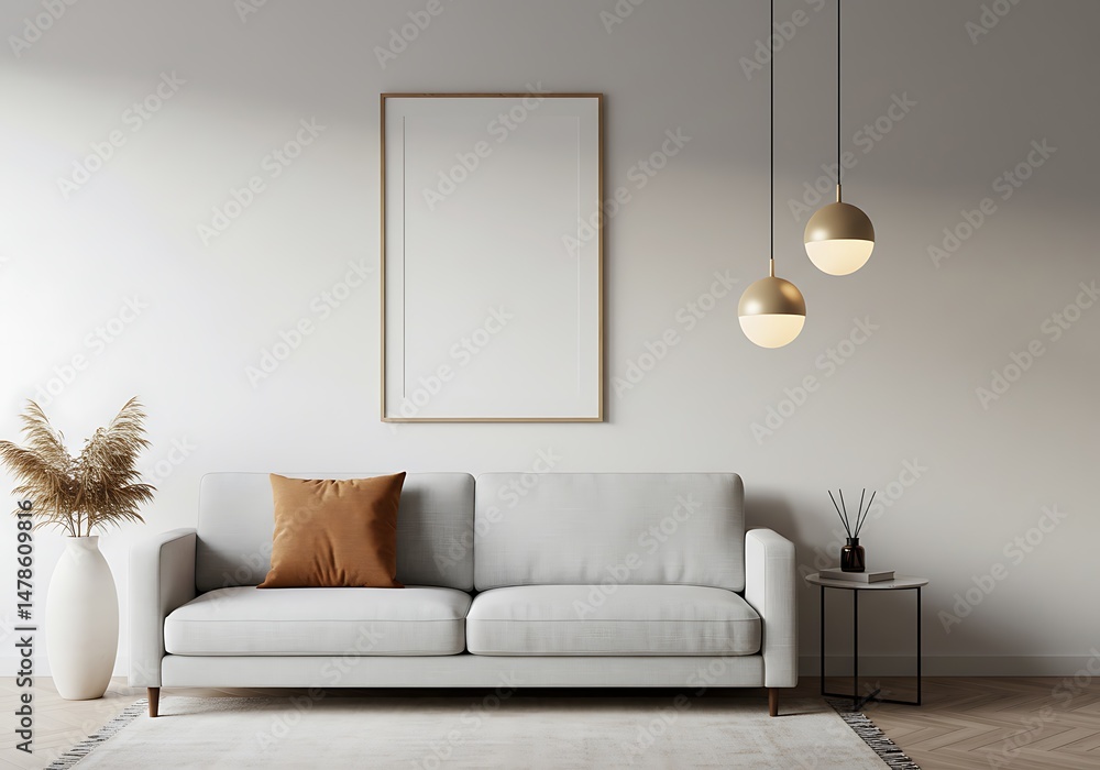 Fototapeta premium Modern living room interior with sofa, frame, and pampas grass in vase