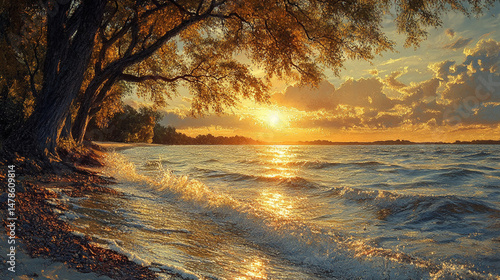 a peaceful scene infused with twilight in a calm lake