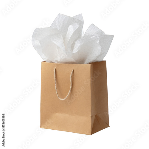 A brown paper gift bag filled with crumpled white tissue paper isolated on a transparent background