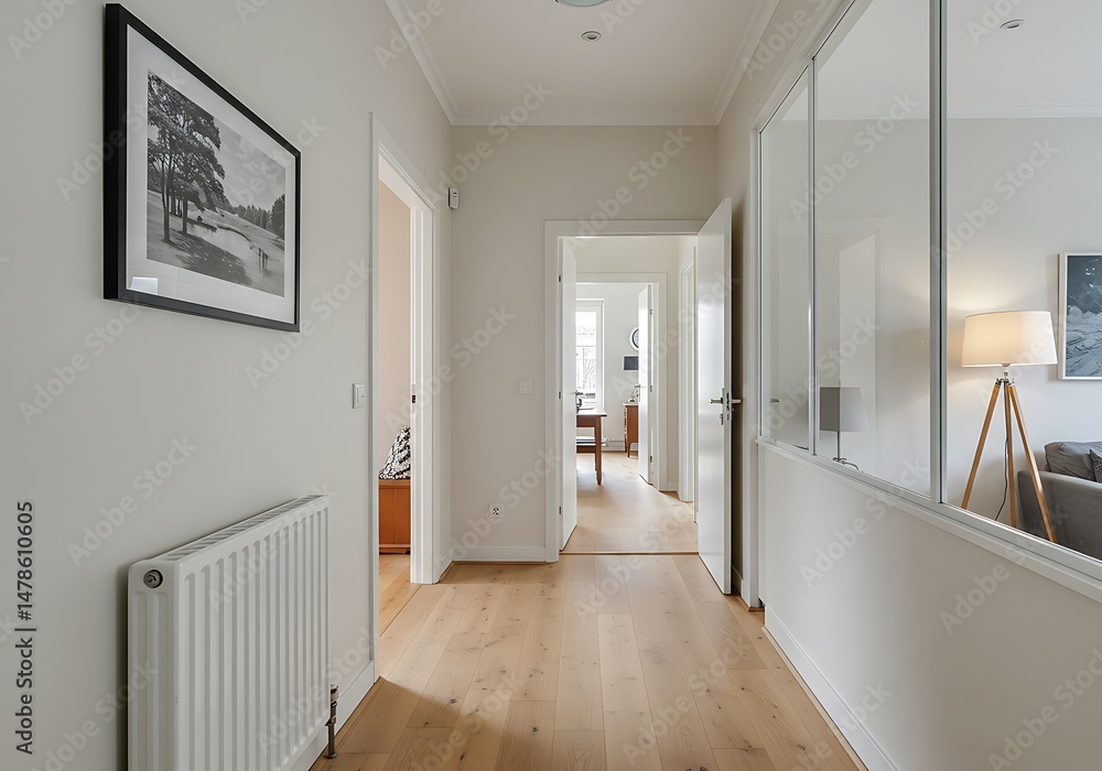 Hallway with white walls, wooden floor and doors leading to other rooms Hallway with white walls, wooden floor and doors leading to other rooms