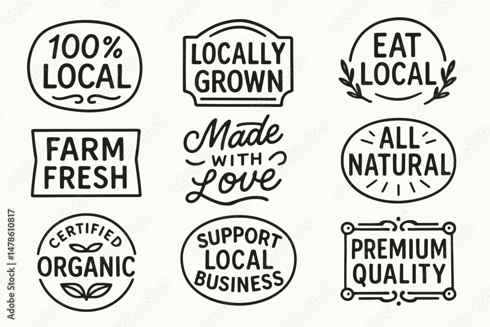 Obraz premium Local organic farm product labels and eco friendly hand drawn food badge vector set. Locally grown products labels