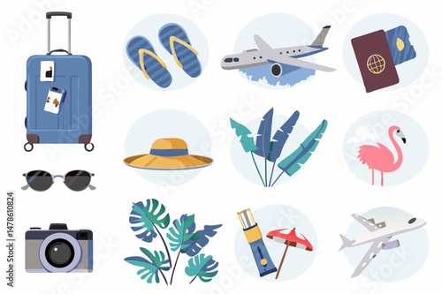 Vector travel icons set features beach, summer, plane, and sun symbols for holiday and vacation design