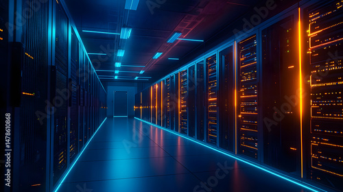 Illuminated data center walkthrough modern facility interior design tech environment wide-angle ambient lighting concept