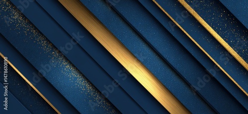 Geometric design of diagonal navy blue and gold stripes.