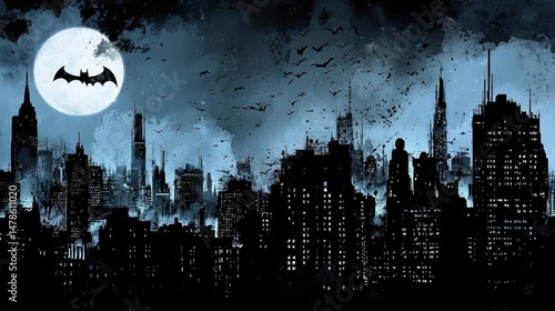 A captivating artwork portraying a haunting vision of Gotham after dark.