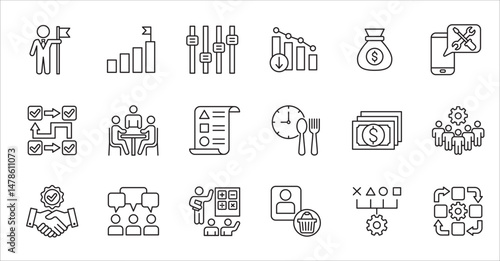Business company and Management icon set. Contains symbol of success, data, reward, work, money, employee, businessman, target, finance, lunchtime, task, shop, meeting, education. Vector illustration