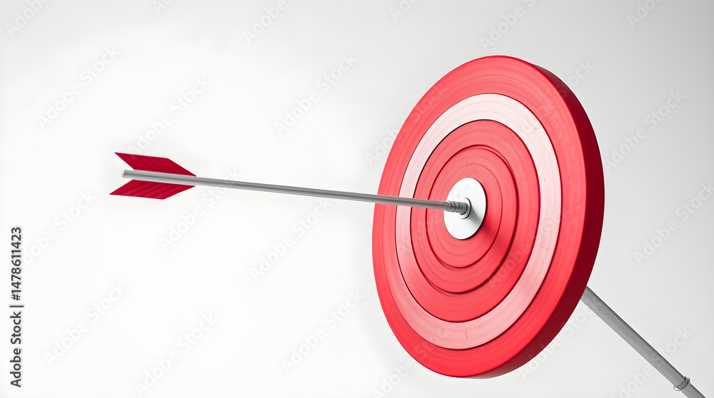 Red arrow hitting center of target on white background Red arrow hitting center of target on white background
