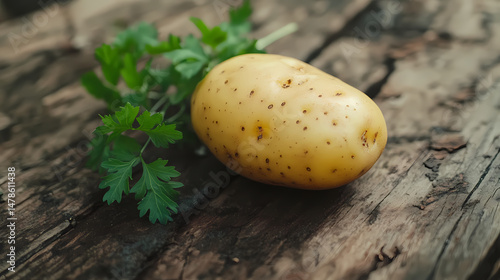 A single, pale yellow potato rests on a wood surface, adorned with a sprig of parsley. [Phantom Botanica] | Pale Sprig | lightless growth. Illustration
