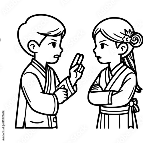 Two kids arguing angrily in traditional clothes, one line outline vector illustration