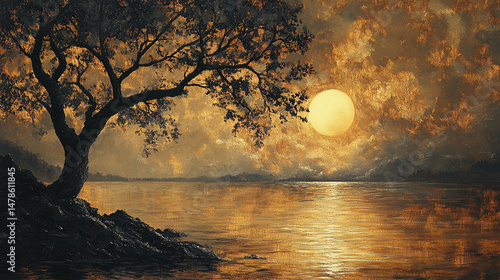 a peaceful scene infused with twilight in a calm lake