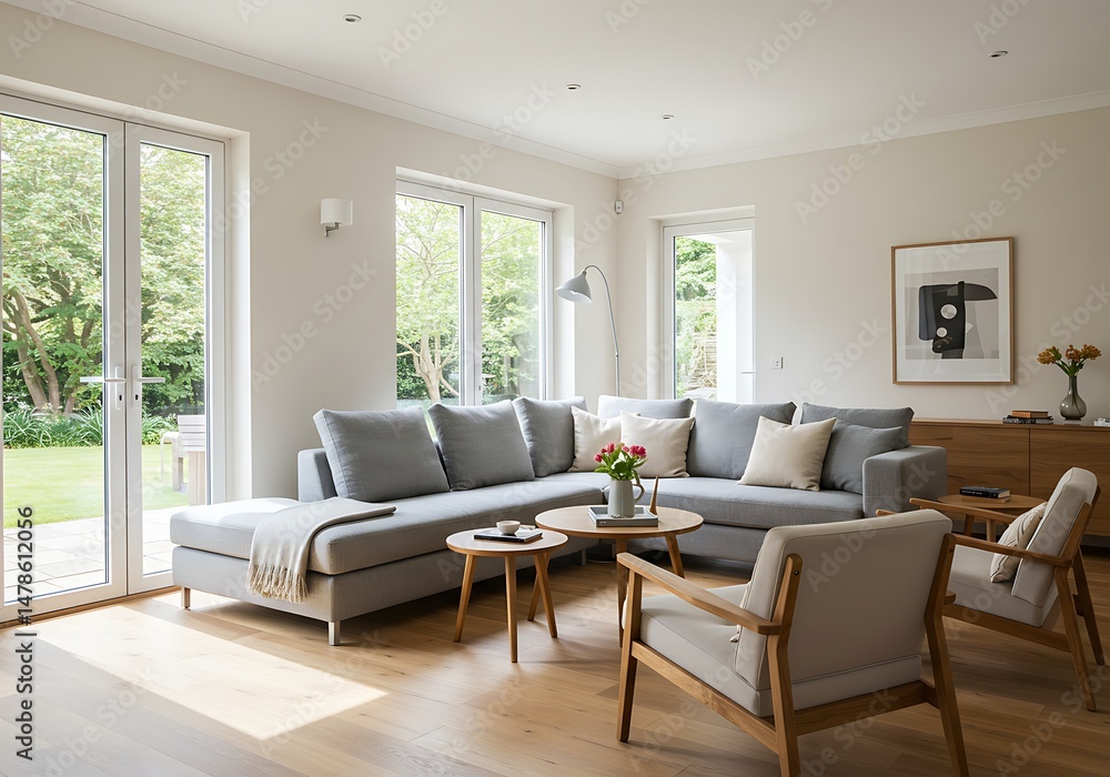 Fototapeta premium Bright living room with gray sectional sofa, wood floor, and view to the garden