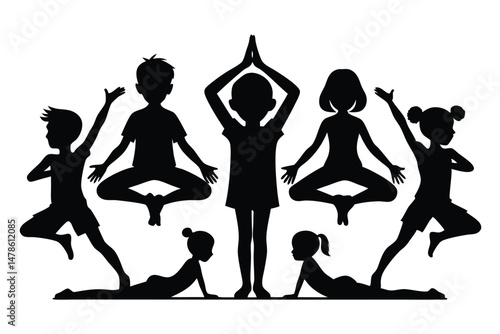 Black Silhouette of School Kids Practicing Yoga in Fun and Calm Style