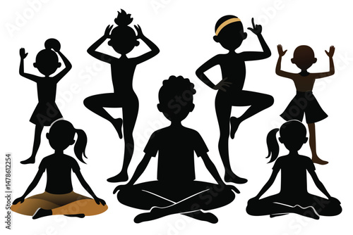 Black Silhouette of School Kids Practicing Yoga in Fun and Calm Style