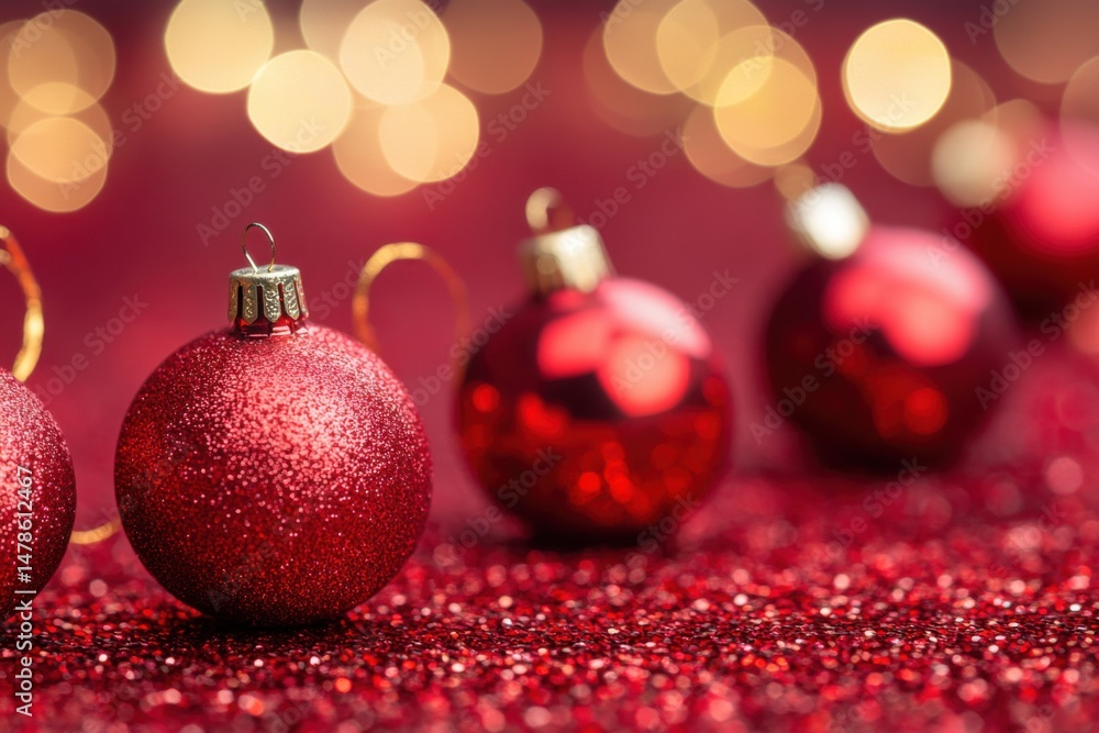 Festive Red Christmas Ornaments on Glittery Surface with Bokeh Lights Holiday Season Still Life Festive Red Christmas Ornaments on Glittery Surface with Bokeh Lights Holiday Season Still Life