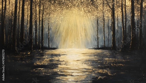Golden light radiating through a dark forest pathway.