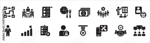 Business management flat icon set. Contains symbol of businessman, target, finance, lunchtime, success, hierarchy, data, reward, work, money, employee, task, shop, meeting, job. Vector illustration