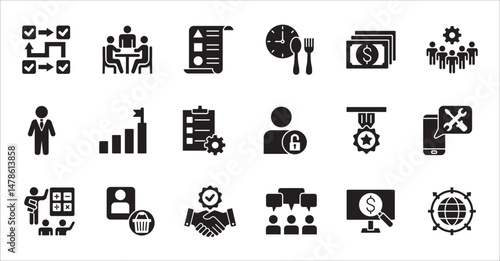 Business company, management flat icon set. Contains symbol of businessman, target, finance, lunchtime, success, hierarchy, data, work, money, employee, task, shop, meeting, job. Vector illustration