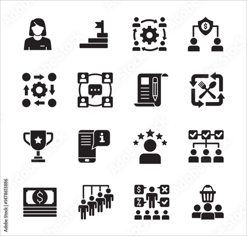 Business management flat icon set. Contains symbol of hierarchy, data, reward, work, money, employee, businessman, target, finance, lunchtime, success, task, shop, meeting, job. Vector illustration