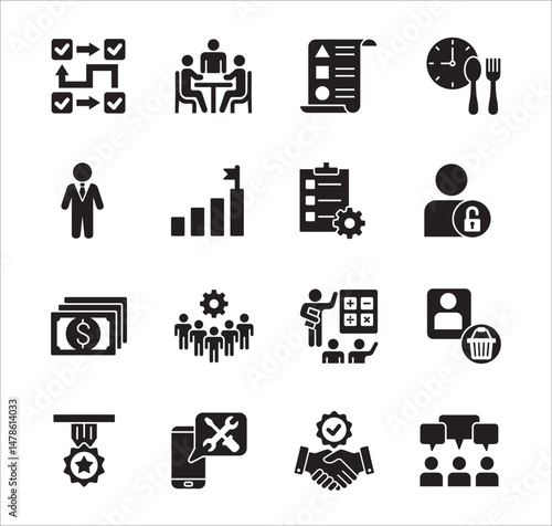 Business management flat icon set. Contains symbol of hierarchy, data, reward, work, money, employee, businessman, target, finance, lunchtime, success, task, shop, meeting, job. Vector illustration
