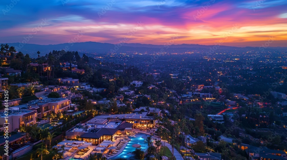 Fototapeta premium Breathtaking Aerial Photography of West Hollywood Hills Apartments at Twilight
